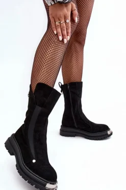 Zamszowe Ocieplane Botki Na Płaskim Obcasie Czarne Palimra