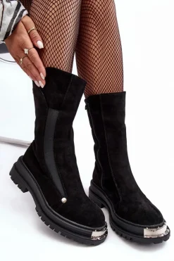 Zamszowe Ocieplane Botki Na Płaskim Obcasie Czarne Palimra