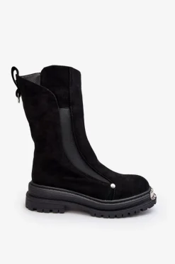 Zamszowe Ocieplane Botki Na Płaskim Obcasie Czarne Palimra