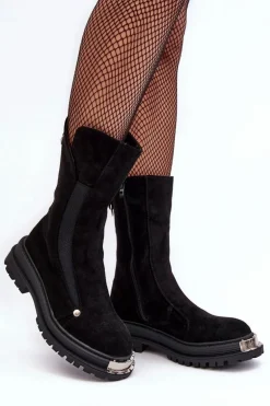 Zamszowe Ocieplane Botki Na Płaskim Obcasie Czarne Palimra