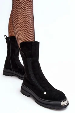 Zamszowe Ocieplane Botki Na Płaskim Obcasie Czarne Palimra