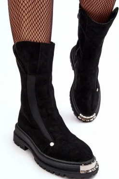 Zamszowe Ocieplane Botki Na Płaskim Obcasie Czarne Palimra