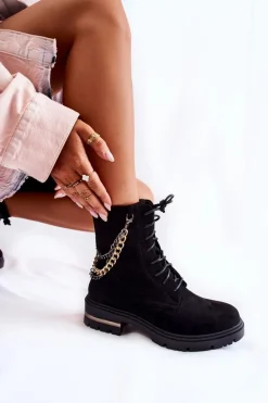 Zamszowe Ocieplane Botki Z Łańcuchem Czarne Sorita