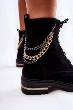 Zamszowe Ocieplane Botki Z Łańcuchem Czarne Sorita