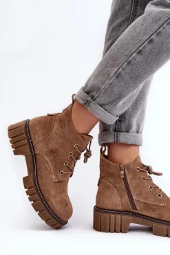 Zamszowe Ocieplane Botki Sznurowane Ciemnobeżowe Bjorg
