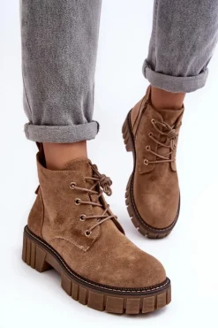Zamszowe Ocieplane Botki Sznurowane Ciemnobeżowe Bjorg