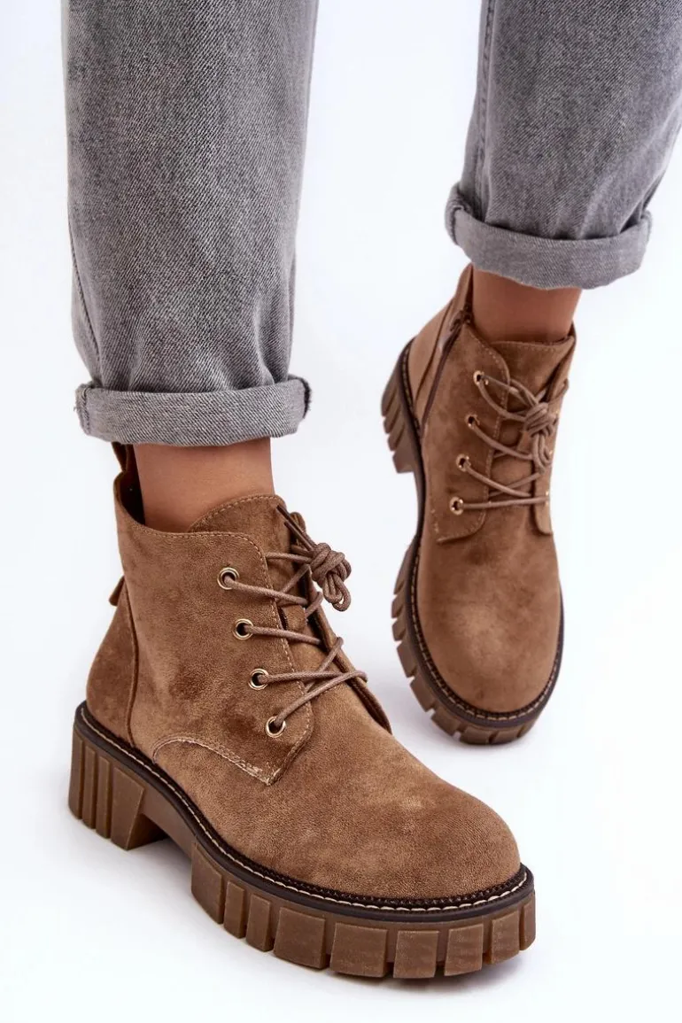 Zamszowe Ocieplane Botki Sznurowane Ciemnobeżowe Bjorg