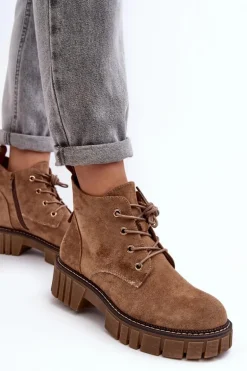 Zamszowe Ocieplane Botki Sznurowane Ciemnobeżowe Bjorg