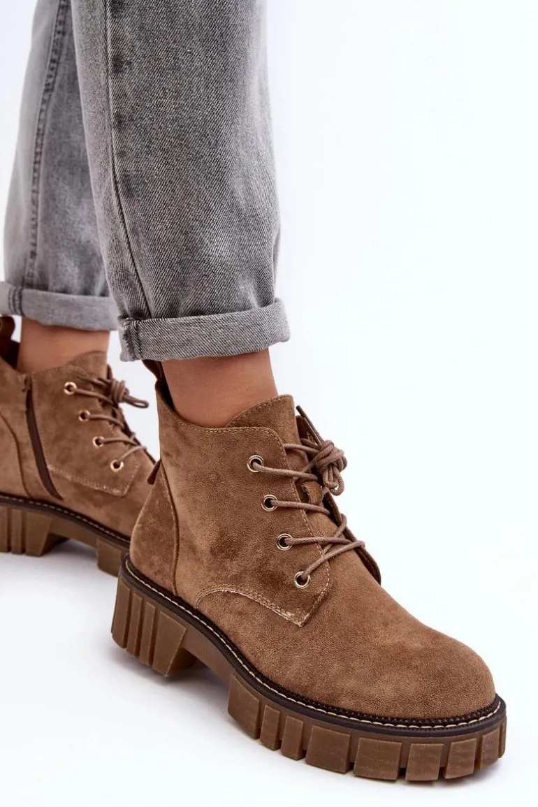 Zamszowe Ocieplane Botki Sznurowane Ciemnobeżowe Bjorg