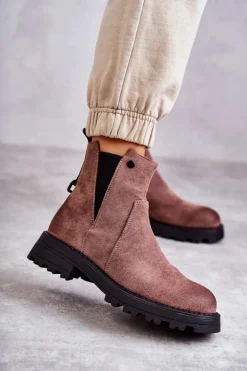 Zamszowe Ocieplane Botki Workery Na Płaskim Obcasie Jasnobrązowe Salome