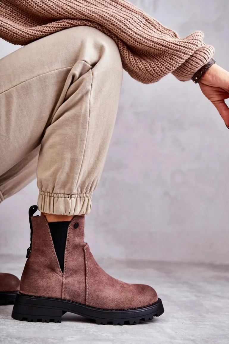 Zamszowe Ocieplane Botki Workery Na Płaskim Obcasie Jasnobrązowe Salome