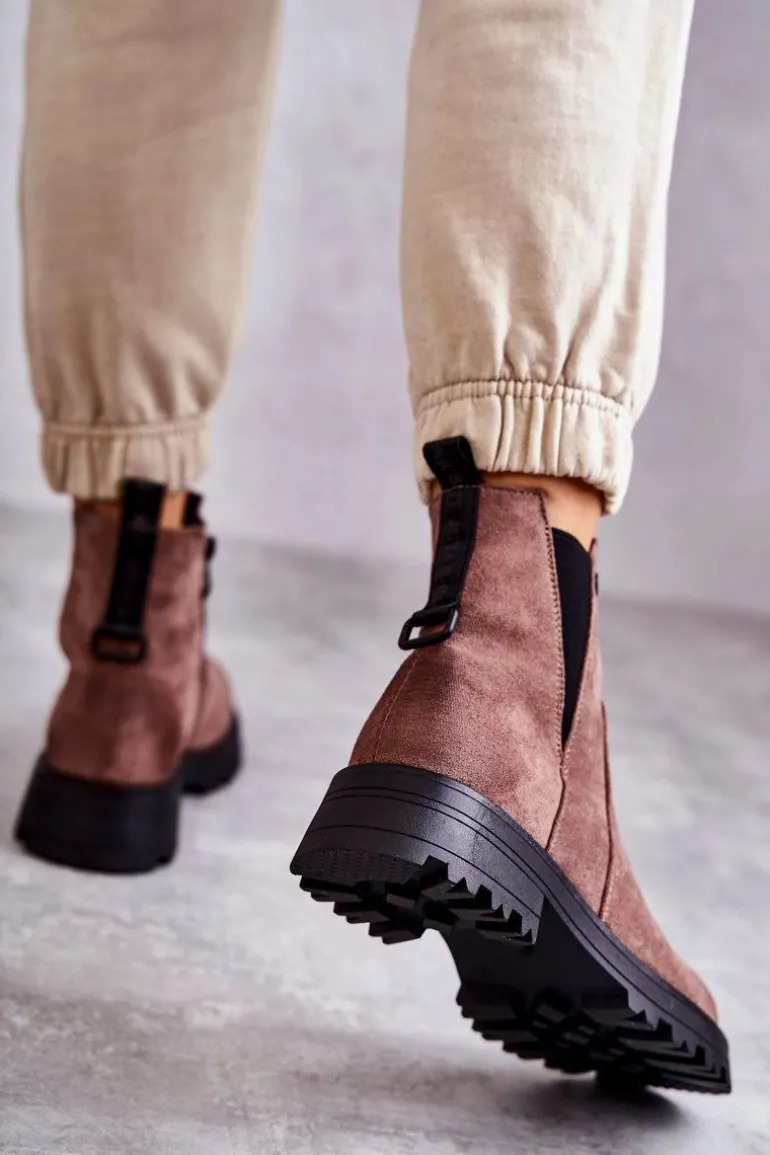 Zamszowe Ocieplane Botki Workery Na Płaskim Obcasie Jasnobrązowe Salome