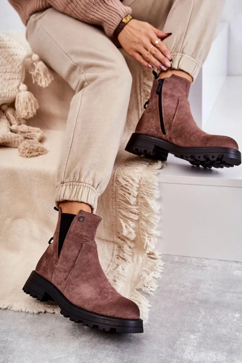Zamszowe Ocieplane Botki Workery Na Płaskim Obcasie Jasnobrązowe Salome