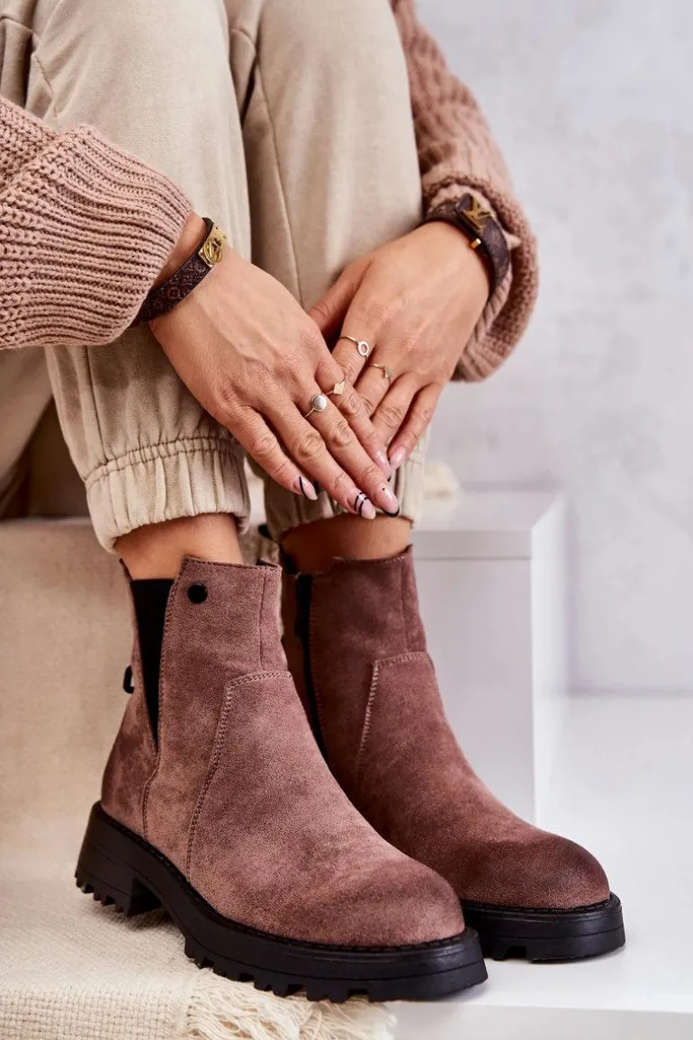 Zamszowe Ocieplane Botki Workery Na Płaskim Obcasie Jasnobrązowe Salome