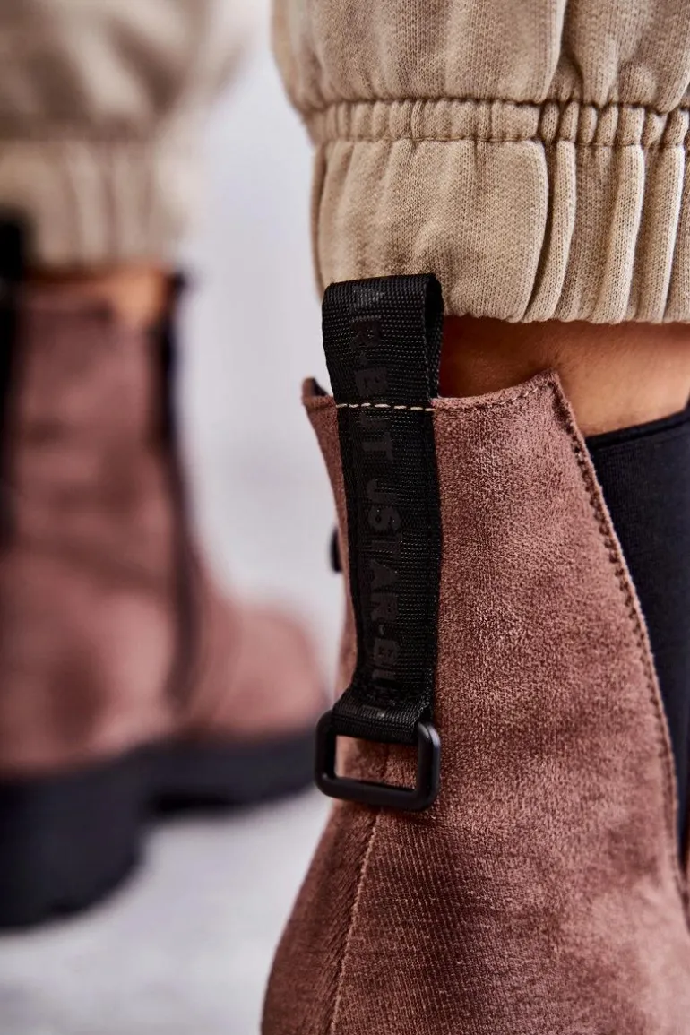 Zamszowe Ocieplane Botki Workery Na Płaskim Obcasie Jasnobrązowe Salome