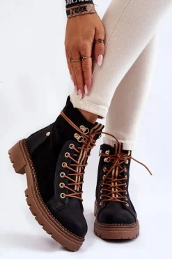 Zamszowe Ocieplane Botki Trapery Czarne Alette