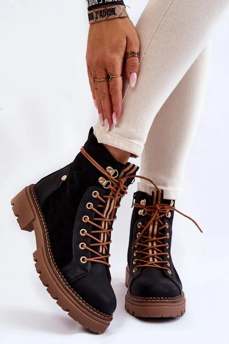 Zamszowe Ocieplane Botki Trapery Czarne Alette