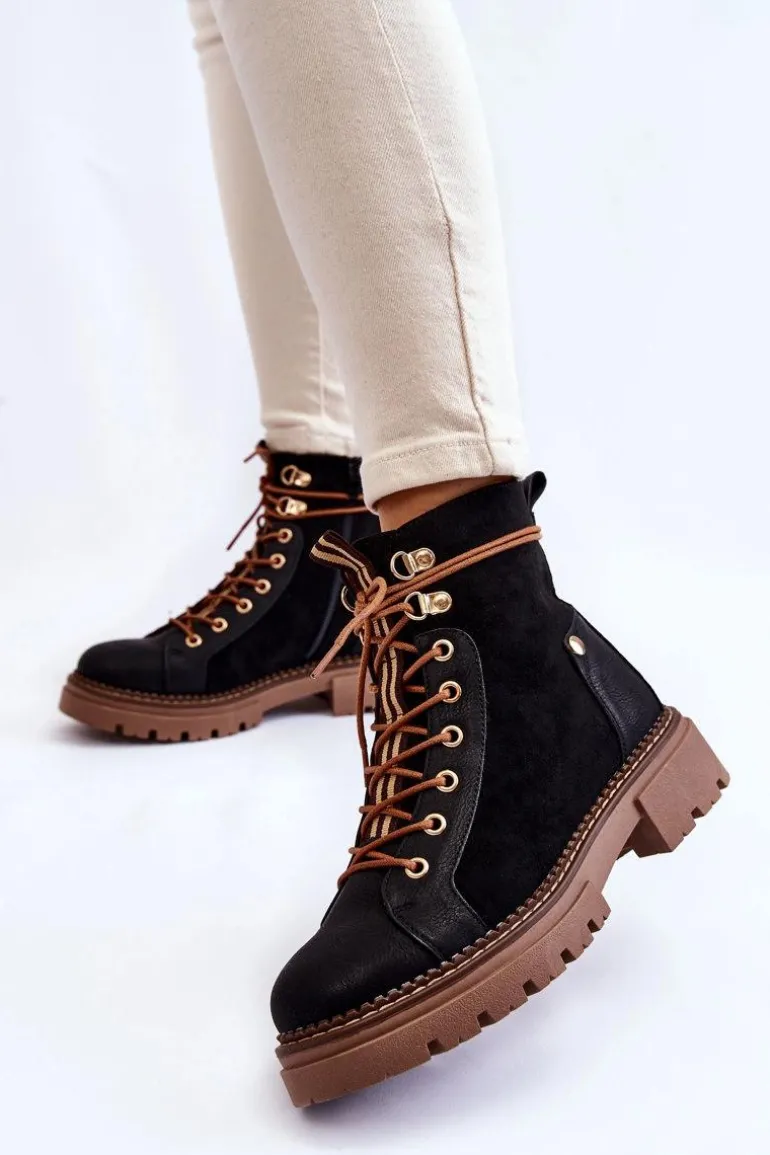 Zamszowe Ocieplane Botki Trapery Czarne Alette