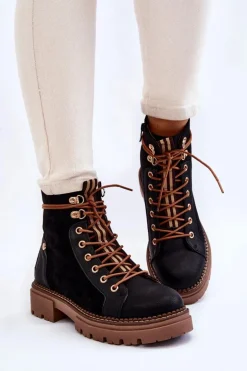 Zamszowe Ocieplane Botki Trapery Czarne Alette