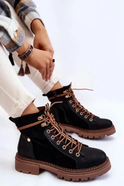 Zamszowe Ocieplane Botki Trapery Czarne Alette