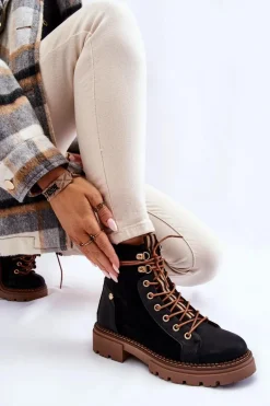 Zamszowe Ocieplane Botki Trapery Czarne Alette