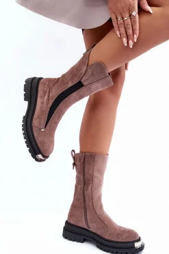 Zamszowe Ocieplane Botki Na Płaskim Obcasie Ciemnobeżowe Palimra