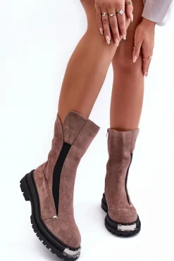 Zamszowe Ocieplane Botki Na Płaskim Obcasie Ciemnobeżowe Palimra