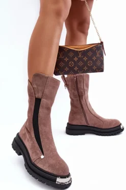 Zamszowe Ocieplane Botki Na Płaskim Obcasie Ciemnobeżowe Palimra