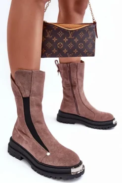 Zamszowe Ocieplane Botki Na Płaskim Obcasie Ciemnobeżowe Palimra