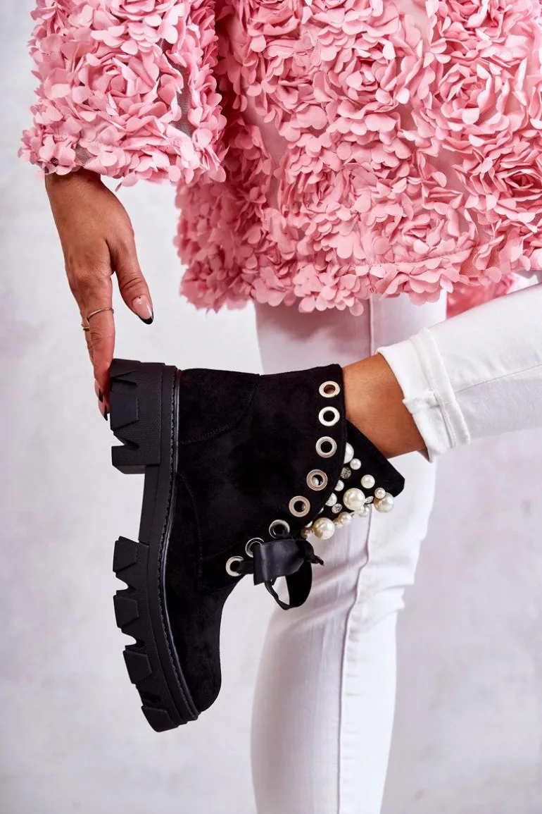 Zamszowe Ocieplane Botki Z Perłami Czarne Roco