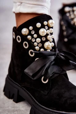 Zamszowe Ocieplane Botki Z Perłami Czarne Roco