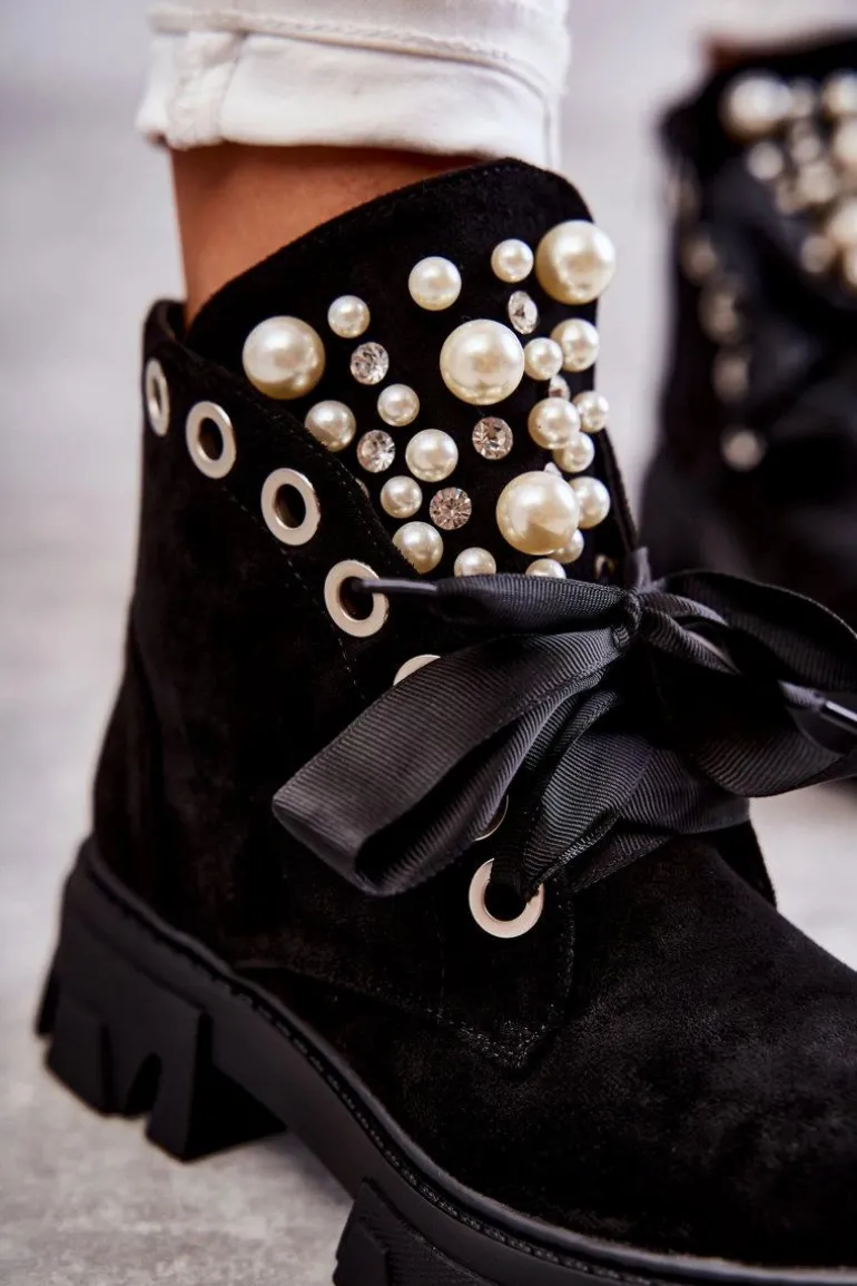 Zamszowe Ocieplane Botki Z Perłami Czarne Roco