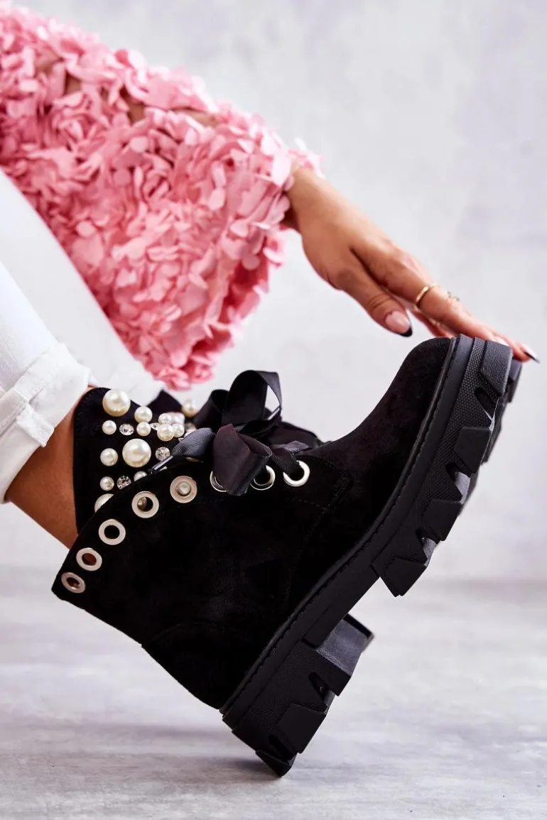 Zamszowe Ocieplane Botki Z Perłami Czarne Roco