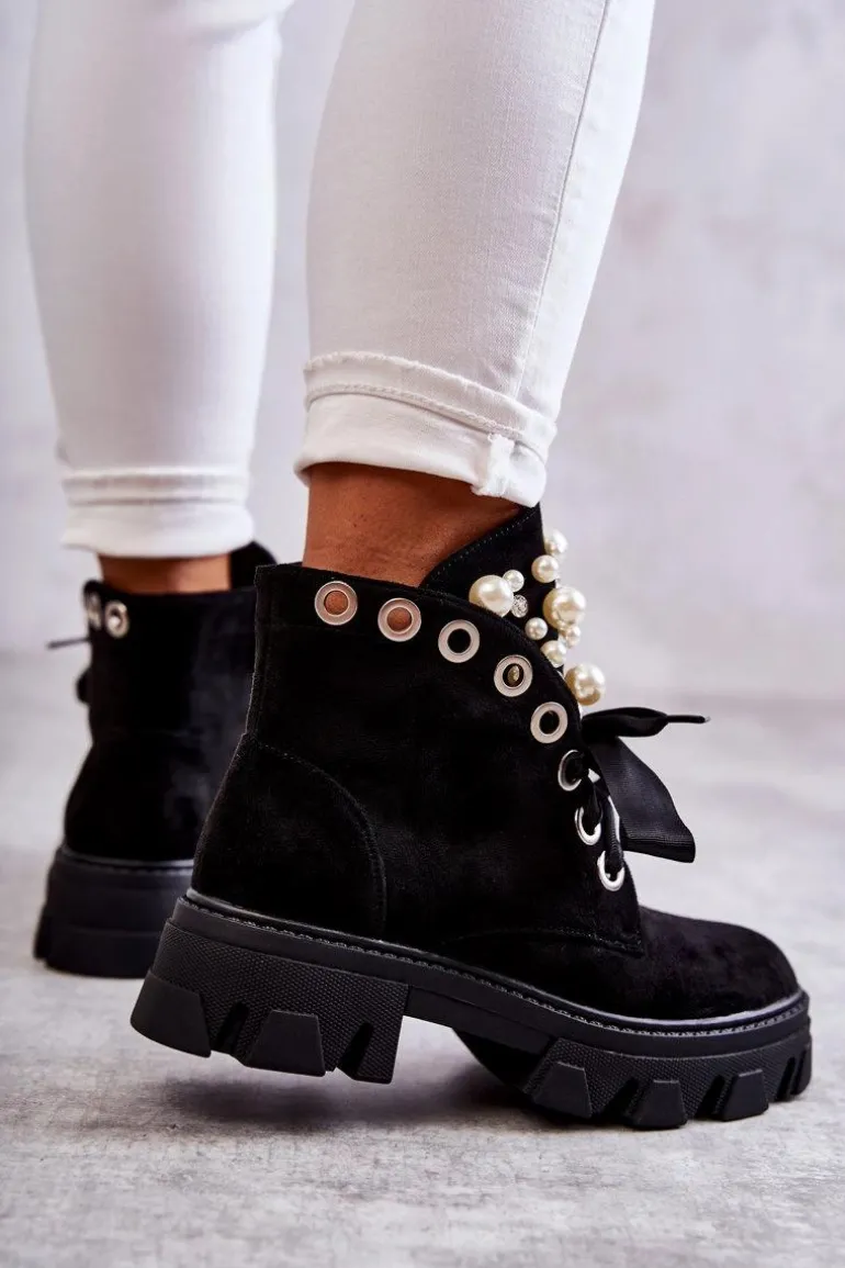 Zamszowe Ocieplane Botki Z Perłami Czarne Roco