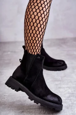 Zamszowe Ocieplane Botki Workery Na Płaskim Obcasie Czarne Salome