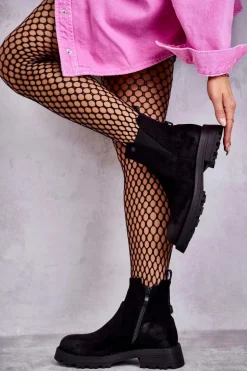 Zamszowe Ocieplane Botki Workery Na Płaskim Obcasie Czarne Salome