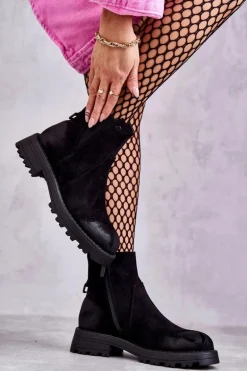 Zamszowe Ocieplane Botki Workery Na Płaskim Obcasie Czarne Salome