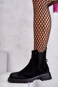 Zamszowe Ocieplane Botki Workery Na Płaskim Obcasie Czarne Salome