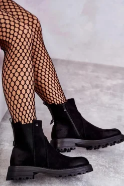 Zamszowe Ocieplane Botki Workery Na Płaskim Obcasie Czarne Salome