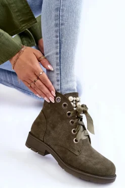 Zamszowe Ocieplane Botki Na Suwak Z Perłami Zielone Raiso