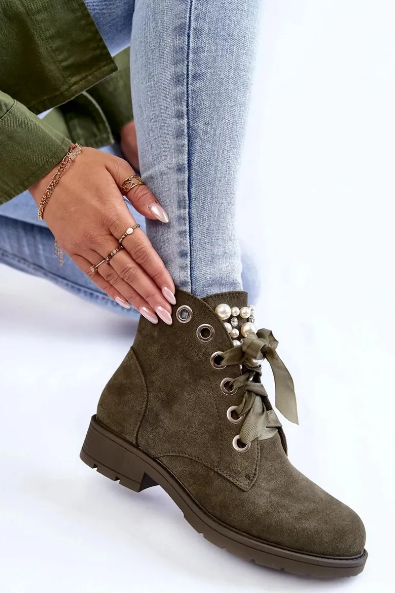 Zamszowe Ocieplane Botki Na Suwak Z Perłami Zielone Raiso