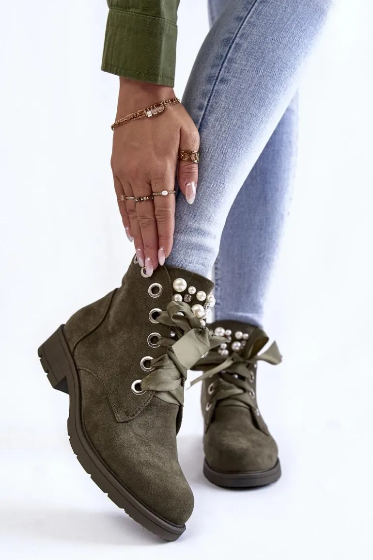 Zamszowe Ocieplane Botki Na Suwak Z Perłami Zielone Raiso