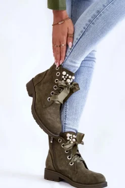 Zamszowe Ocieplane Botki Na Suwak Z Perłami Zielone Raiso