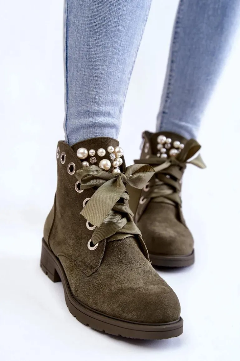 Zamszowe Ocieplane Botki Na Suwak Z Perłami Zielone Raiso