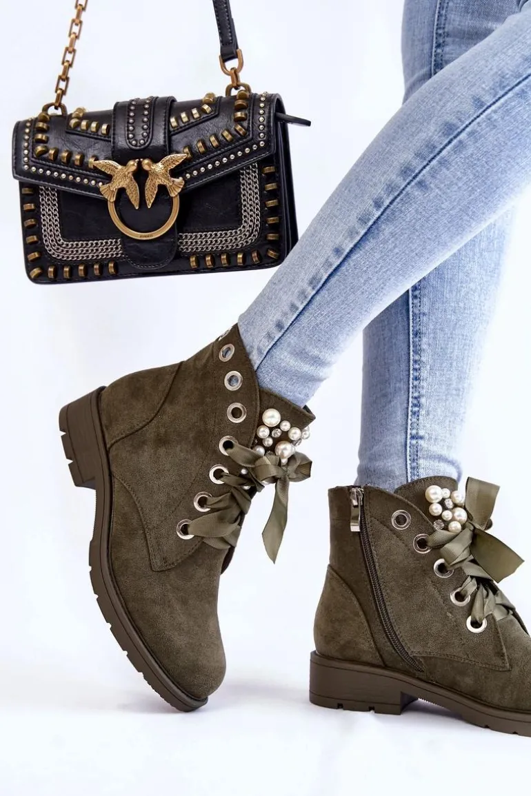 Zamszowe Ocieplane Botki Na Suwak Z Perłami Zielone Raiso