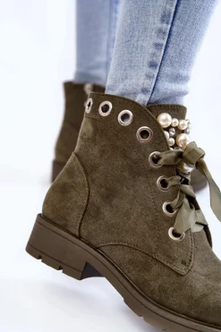 Zamszowe Ocieplane Botki Na Suwak Z Perłami Zielone Raiso