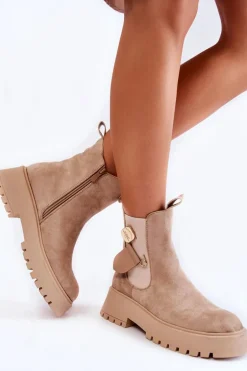 Zamszowe Ocieplane Botki Workery Ciemnobeżowe Magnis