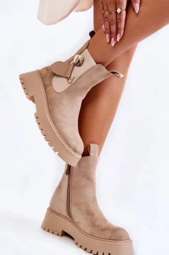 Zamszowe Ocieplane Botki Workery Ciemnobeżowe Magnis