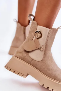 Zamszowe Ocieplane Botki Workery Ciemnobeżowe Magnis