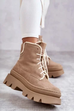 Zamszowe Ocieplane Botki Sznurowane Beżowe Lemar Elisabeth